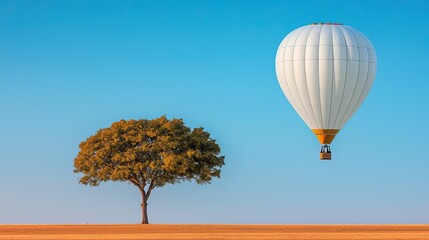 freedom movement and authentic, A serene landscape featuring a solitary tree beside a floating hot air balloon against a clear blue sky.