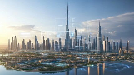 Obraz premium Futuristic cityscape skyline at sunrise with digital overlay.