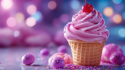 Colorful dessert with sprinkles and a cherry on top of ice cream cone