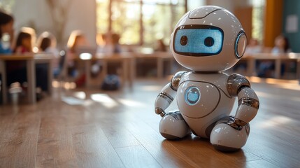 Educational robot engaging with children in a modern classroom setting