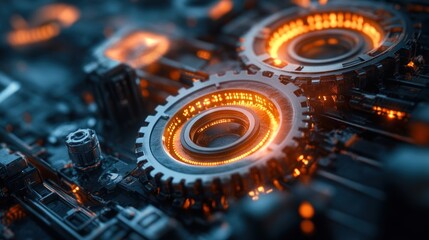 A close-up view of intricate mechanical gears illuminated with a glowing orange light.