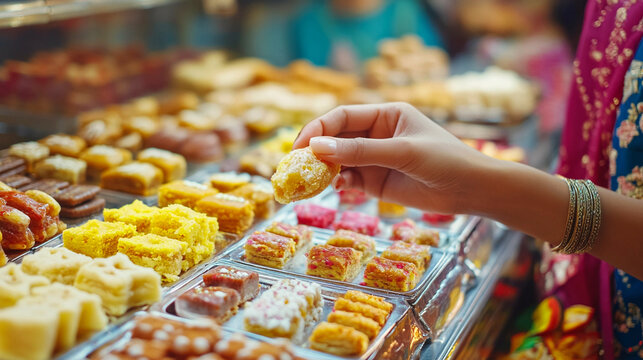 An indian woman buying sweets in a shop