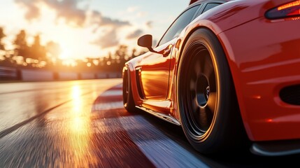 A close-up of a vibrant sports car on a racetrack during sunset.