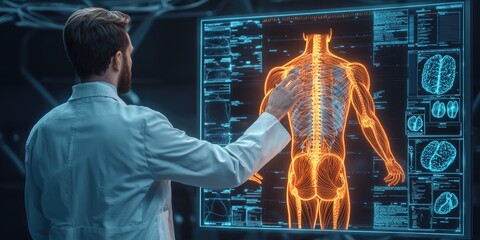 Medical AI treatment biometrics concept. A scientist examines a glowing digital representation of the human body, focusing on the spine and neural pathways in a futuristic lab setting.