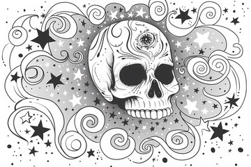 Intricate black and white illustration of a skull surrounded by swirling patterns and stars, evoking a mystical and artistic vibe.