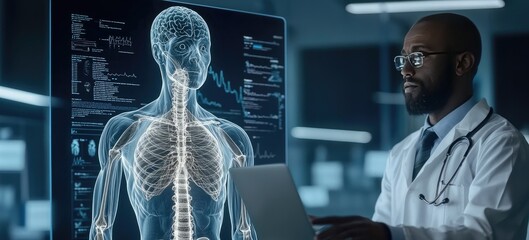 Medical AI treatment biometrics concept. A doctor professional analyzes a digital representation of the human body, showcasing advanced healthcare technology and data visualization.