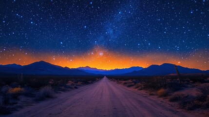 Serene night sky over a desert road with stars and mountains