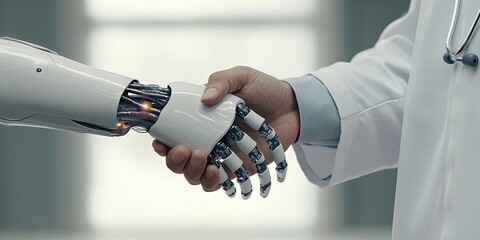 A doctor shakes hands with a robotic arm, symbolizing the merging of technology and healthcare in advanced medical practices.