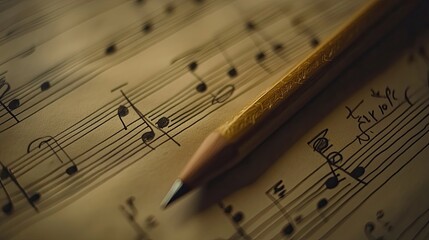 Fototapeta premium Close-up of pencil on sheet music with musical notes
