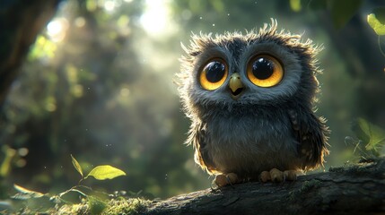 Adorable cartoon owl with big expressive eyes in a forest setting