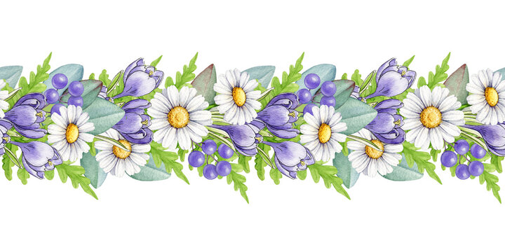 Springtime flowers seamless border decor element. Hand drawn vintage style watercolor illustration. Primrose flowers, daisies, green fern leaves decorative border on white background