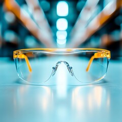 Safety glasses with clear lenses and yellow accents on a reflective surface.