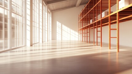 Spacious interior with large windows and modern shelving units, minimalistic style.