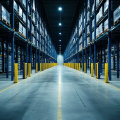 Spacious warehouse interior with shelving and ample lighting, ideal for storage.