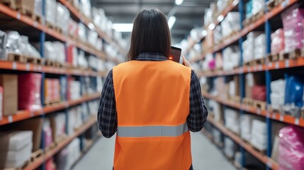 Warehouse worker checking inventory, orange safety vest, organized storage area.