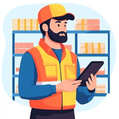 Warehouse worker monitoring inventory with digital tablet.