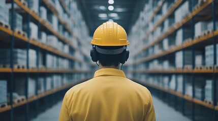 Warehouse worker in yellow helmet, looking at organized storage shelves.