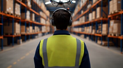 Warehouse worker monitoring drone amidst organized shelves and boxes