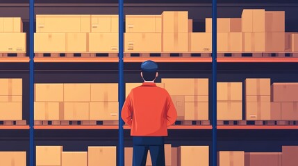 Warehouse worker observing shelves filled with cardboard boxes.