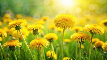 Obraz premium Edible fresh yellow blowball dandelion flowers in a spring garden , dandelion, yellow, blowball, edible, flowers, spring, garden