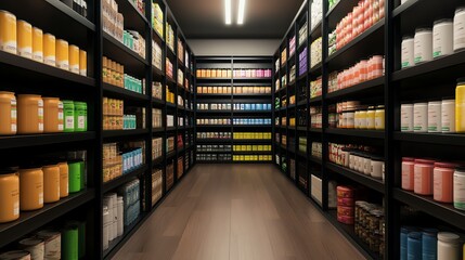 A well-organized aisle filled with various jars and cans on shelves.