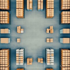 Aerial view of organized warehouse with stacked boxes on a concrete floor