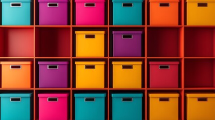 Colorful storage boxes arranged neatly on a shelf.