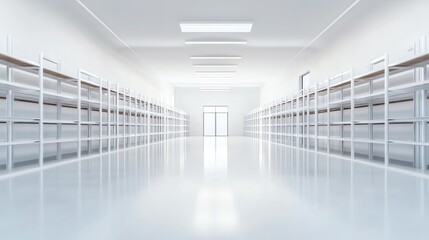 Empty hallway with white shelves and bright lighting, minimalist design.