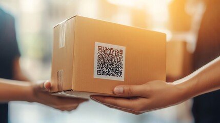 Delivery process of a package with a QR code being handed over.