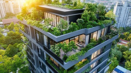 Fototapeta premium Modern architectural design featuring greenery on a high-rise building rooftop