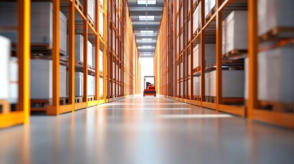 Forklift moving through a spacious warehouse aisle with storage racks.