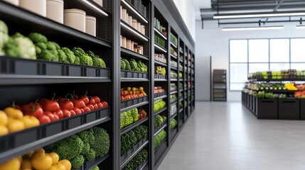 Fresh vegetables and fruits displayed on shelves in a modern grocery store.