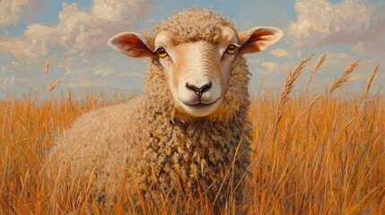A sheep in a golden field under a blue sky