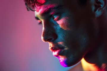 A young Hispanic male with striking facial features illuminated by colorful light patterns, creating a vibrant and artistic mood.