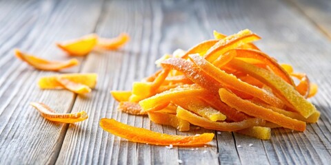 Step by step preparation of candied orange peels on light wooden background for Christmas, candied orange, peels