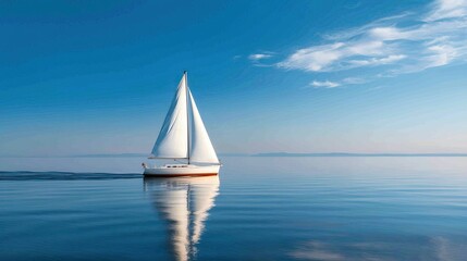 Fototapeta premium freedom movement and authentic, A tranquil scene featuring a sailboat gliding across calm waters under a clear blue sky, reflecting the boat's image on the serene surface.