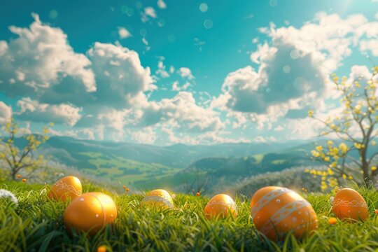 3D render of a grassy landscape with golden Easter eggs against a blue sky with fluffy white clouds