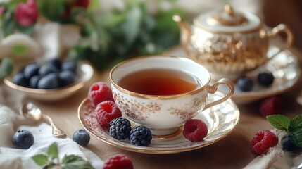 Fototapeta premium A beautifully arranged tea setting with berries, showcasing elegance and leisure.