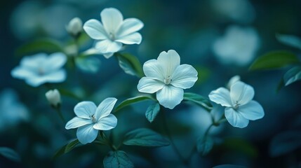 Obraz premium Delicate white flowers blooming amidst lush green leaves in a serene, soft-focus environment.