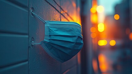 Discarded face mask on wall with city lights in background