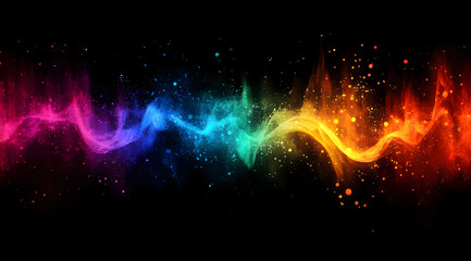 A vibrant, colorful soundwave design with dynamic movement and a dark background, showcasing a blend of rainbow hues and sparkling elements.