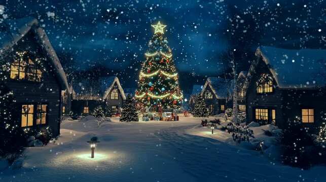 A cheerful Christmas cartoon village at night. Seamless looping time-lapse virtual 4k video animation background