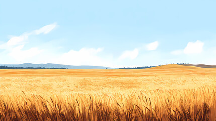 Obraz premium Vast field of golden wheat under a clear blue sky, wheat, field, agriculture, crop, rural, farming, countryside, landscape, nature. Sunlit Wheat Field. Illustration