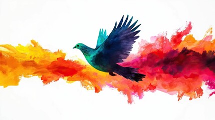 Obraz premium freedom movement and authentic, A vibrant watercolor illustration of a bird in flight, surrounded by colorful splashes of orange, yellow, and pink.