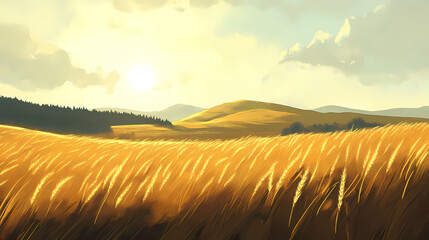 Obraz premium Sunlit wheat field with rolling hills. Sunlit Wheat Field. Illustration