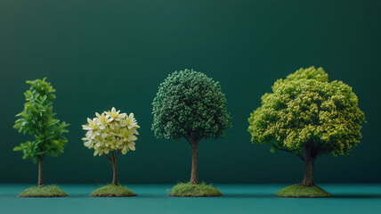 Miniature tree models showcase diverse foliage types, from delicate flowers to lush greenery, arranged in a row against a deep green background.