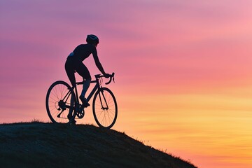 Obraz premium freedom movement and authentic, A cyclist rides against a stunning sunset backdrop, silhouetted against vibrant hues of pink and purple.