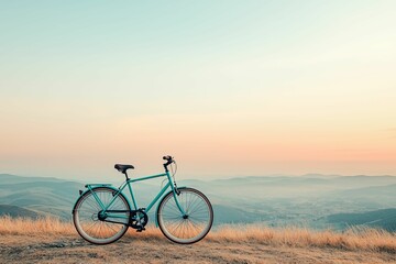 Obraz premium freedom movement and authentic, A serene landscape featuring a vintage bike resting on a grassy hilltop, with a soft pastel sky and distant hills in the background.