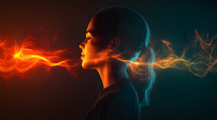 Ethereal profile of a woman surrounded by colorful, flowing light, symbolizing energy, creativity, and transformation.