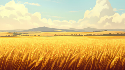 Obraz premium Golden sunlit wheat field background endless wheat fields glowing under the golden sun. endless golden fields. illustration. Sunlit Wheat Field. Illustration
